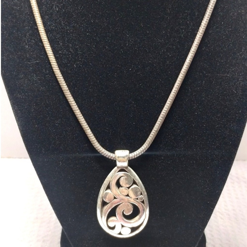Silver Tone Teardrop Swirl Filigree Pendant Necklace 17" Snake Chain Boho